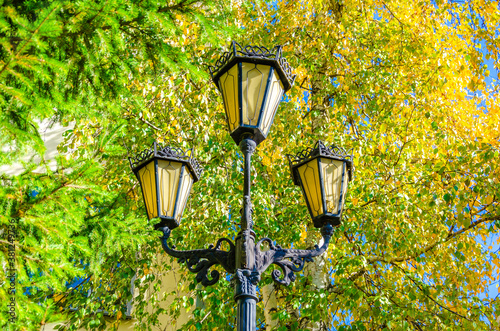 Lanterns on a pole among the autumn trees.