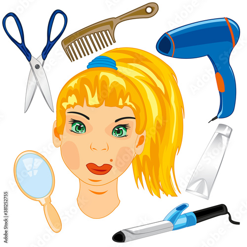 Person of the girl and tools care for hair