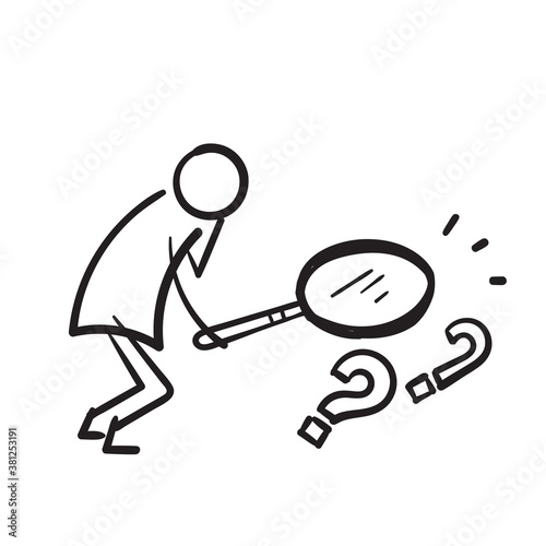 hand drawn stick figure magnifying glass and looking through it at interrogation points. Concept of frequently asked questions, query, investigation, search for information. doodle