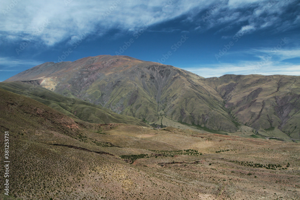 Aerial view of the green field, valley and mountains in Salta, Argentina.