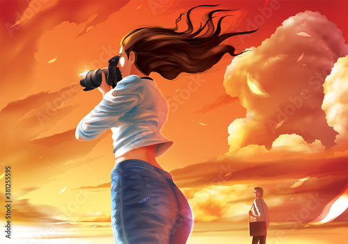 Vector illustration of the lady photographer is taking a photo of the beautiful sunset and the farther man is stealing her glance