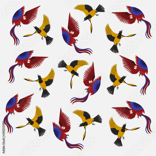 Tropical red and yellow birds pattern