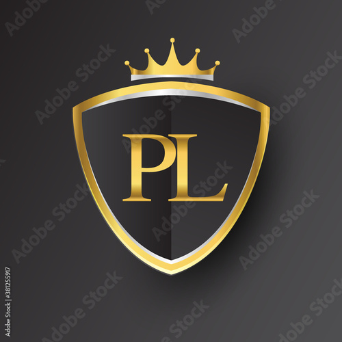 Initial logo letter PL with shield and crown Icon golden color isolated on black background, logotype design for company identity.