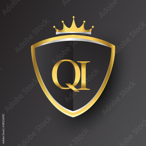 Initial logo letter QI with shield and crown Icon golden color isolated on black background, logotype design for company identity.