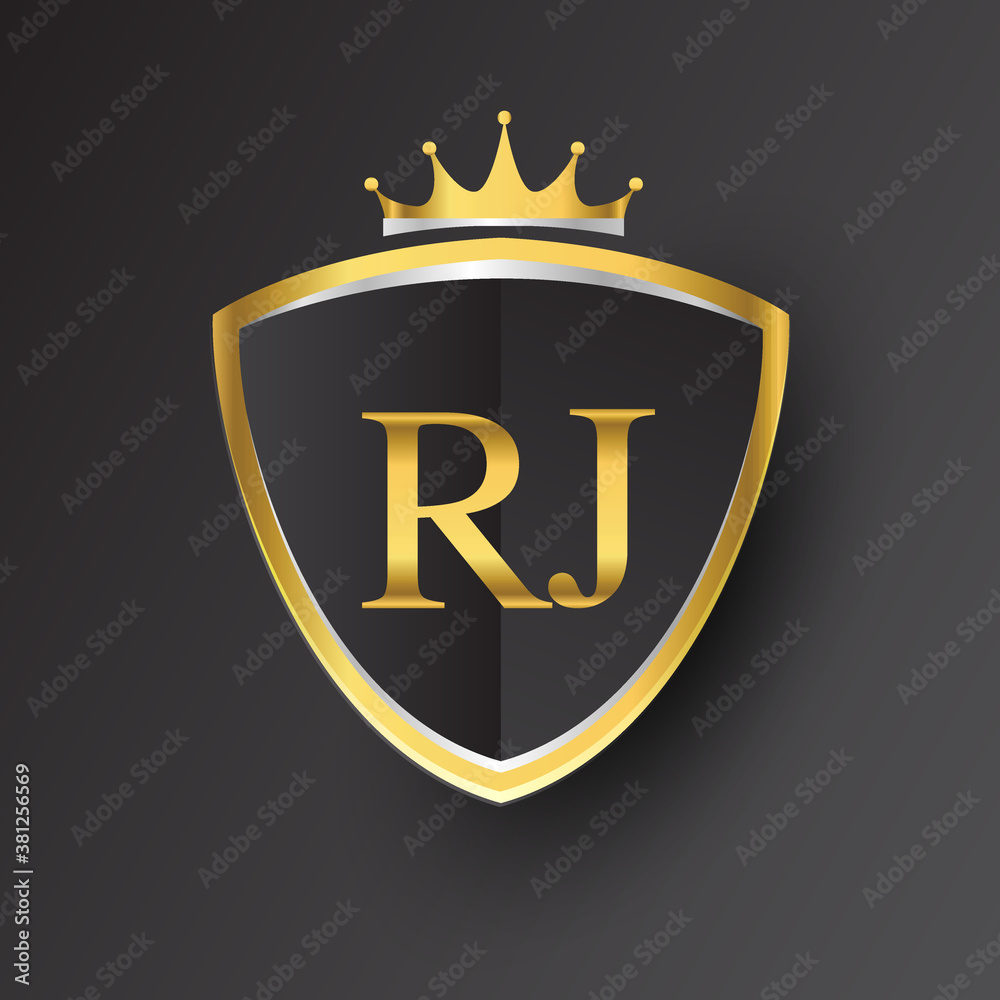Initial logo letter RJ with shield and crown Icon golden color isolated ...