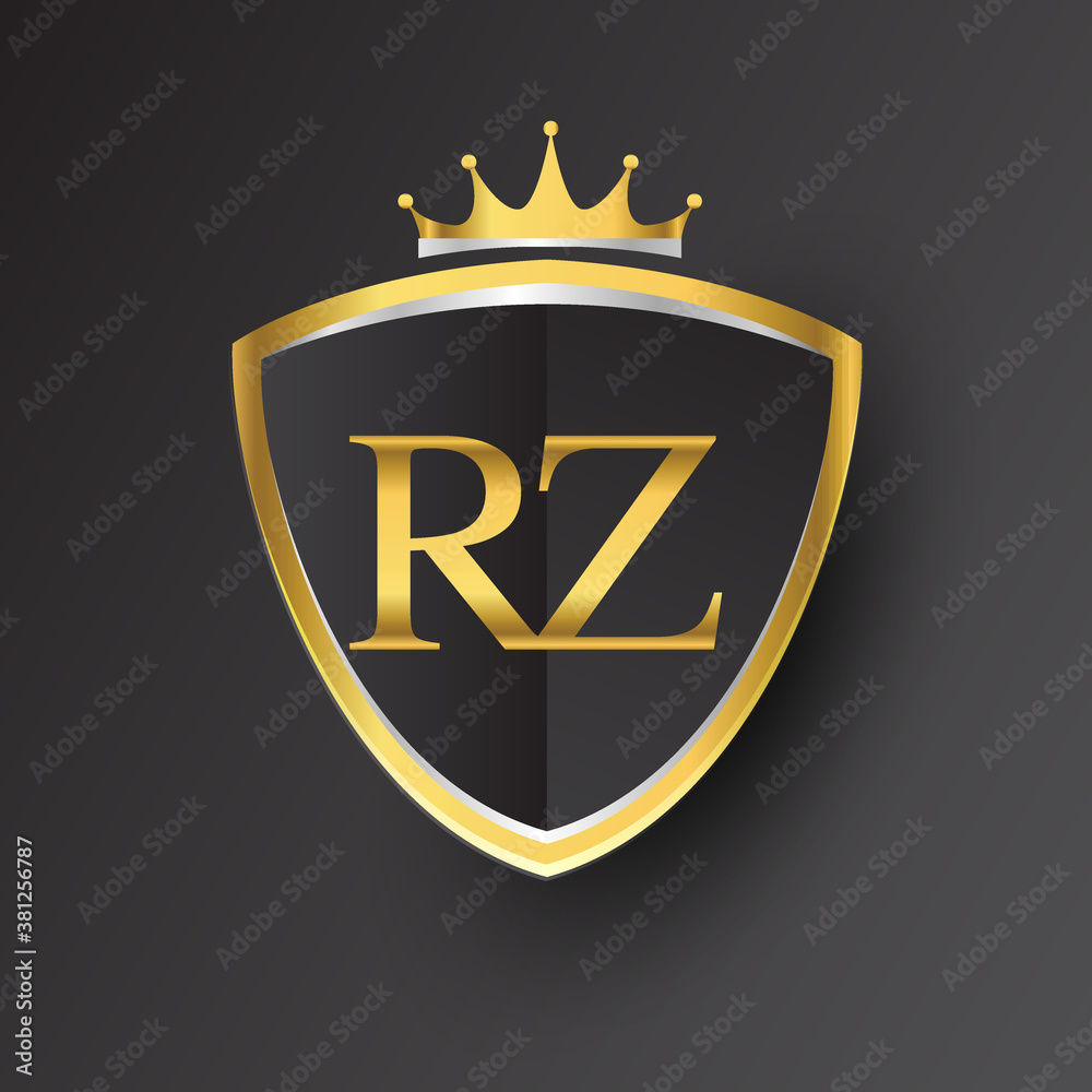 Initial logo letter RZ with shield and crown Icon golden color isolated ...