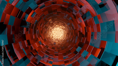 Illustration graphic of a colorful 3d sci-fi object with glowing energy light at center.