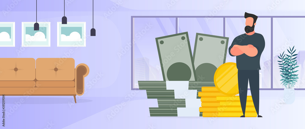Businessman and a mountain of money. A man stands near gold coins and large dollar bills. A bundle of money. The concept of a successful business, earnings and wealth. Vector.