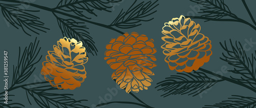 Pine branches and cones background. Winter and autumn hand draw wall art. Luxury wallpaper design for winter and holiday season, christmas tree, fabric and print. Vector illustration.