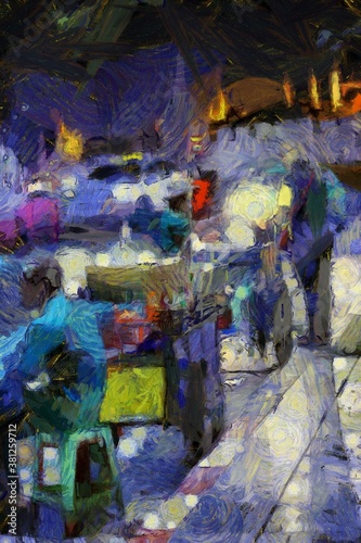 Landscape of people at night in Bangkok Illustrations creates an impressionist style of painting.