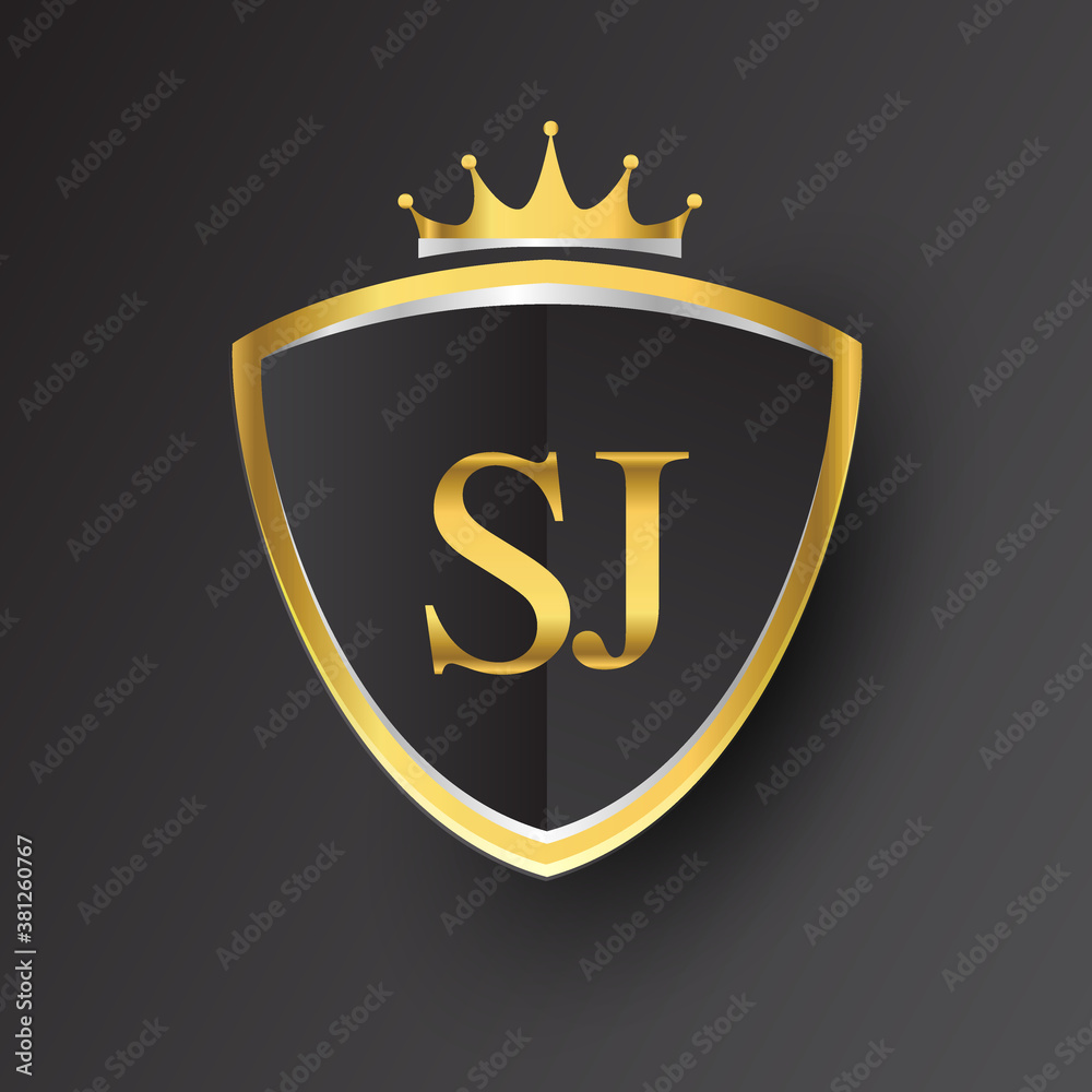 Initial logo letter SJ with shield and crown Icon golden color isolated ...