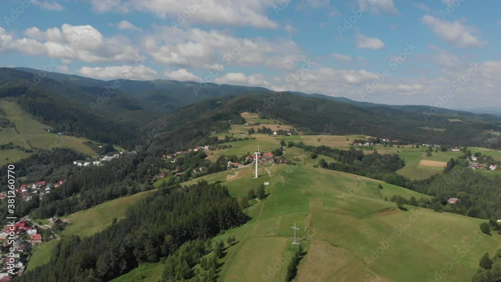 Flying backward from mountain Polom in Beskid Sadecki Mountains near village Rytro, Poland Flying backward from mountain Polom in Beskid Sadecki Mountains near village Rytro, Poland