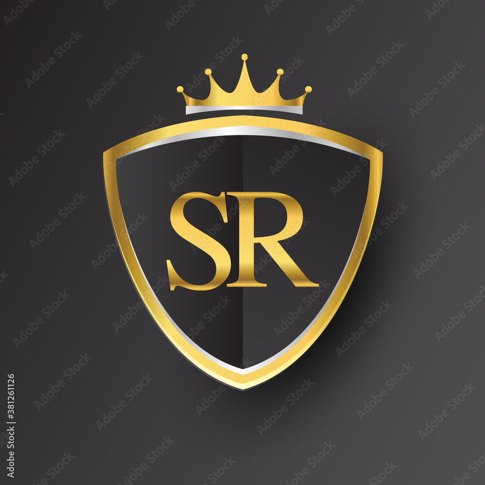 Initial logo letter SR with shield and crown Icon golden color isolated ...