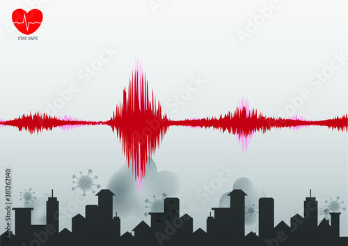 covid-19 virus, PM2.5 air pollution and hazardous dust concept on grey background, corona virus infection with sound wave and heart rate, empty space for display logo and content, vector illustration