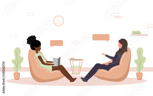 Psychotherapy practice and psychological help. African woman supports arab female with psychological problems. Therapy and counselling for people under stress and depression. Vector in flat style.