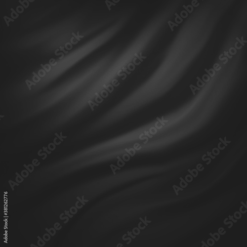 black background texture of abstract cloth of wavy folds of silk satin or velvet material or gray luxury background design in elegant fancy curves, black draped cloth