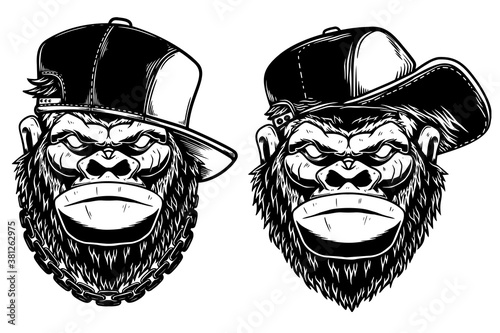 Set of Illustrations of head of angry gorilla with baseball cap and sunglasses in vintage monochrome style. Design element for logo, emblem, sign, poster, card, banner. Vector illustration