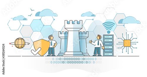 Cyber defense security system with info data guard and shield outline concept