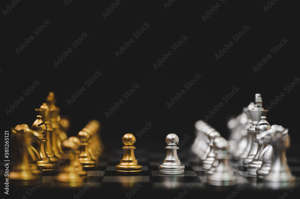 Business competition and strategy plan concept. Chess board game gold and silver colour