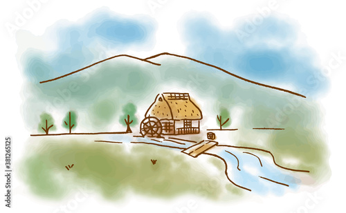 味のある水彩画風の自然に囲まれた水車小屋のイラスト