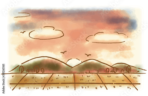 味のある水彩画風の夕暮れの山と田んぼの田舎の風景イラスト