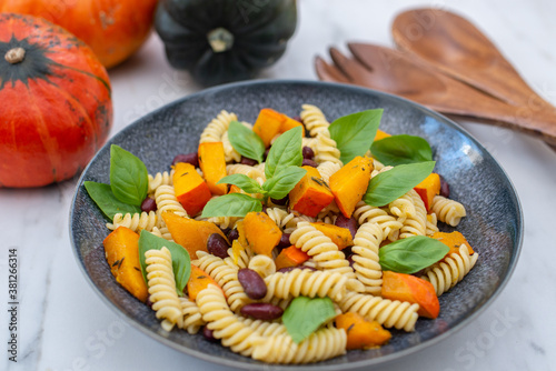 vegan autumn pasta with pumpkin and black beans