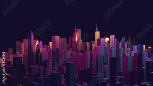 Growing metropolis  city development neon colors. Cityscape on a dark background with bright and glowing neon purple and blue lights. 3d rendering.