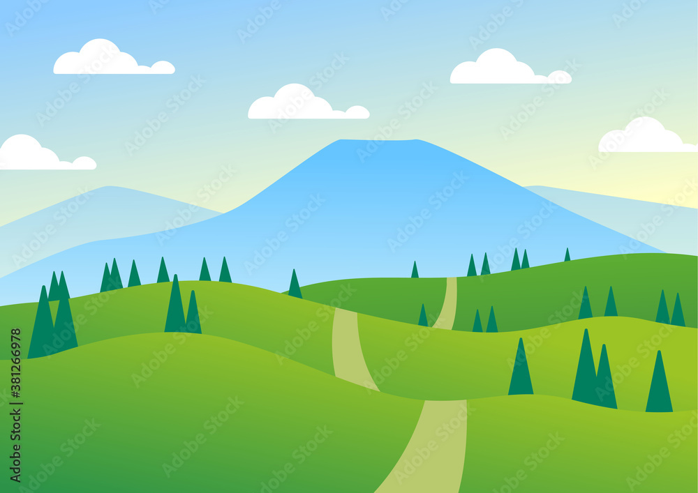 landscape flat illustration field with mountains and blue sky. perfect for background