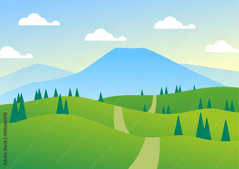 Obraz premium landscape flat illustration field with mountains and blue sky. perfect for background