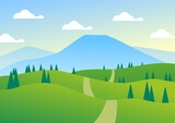 landscape flat illustration field with mountains and blue sky. perfect for background