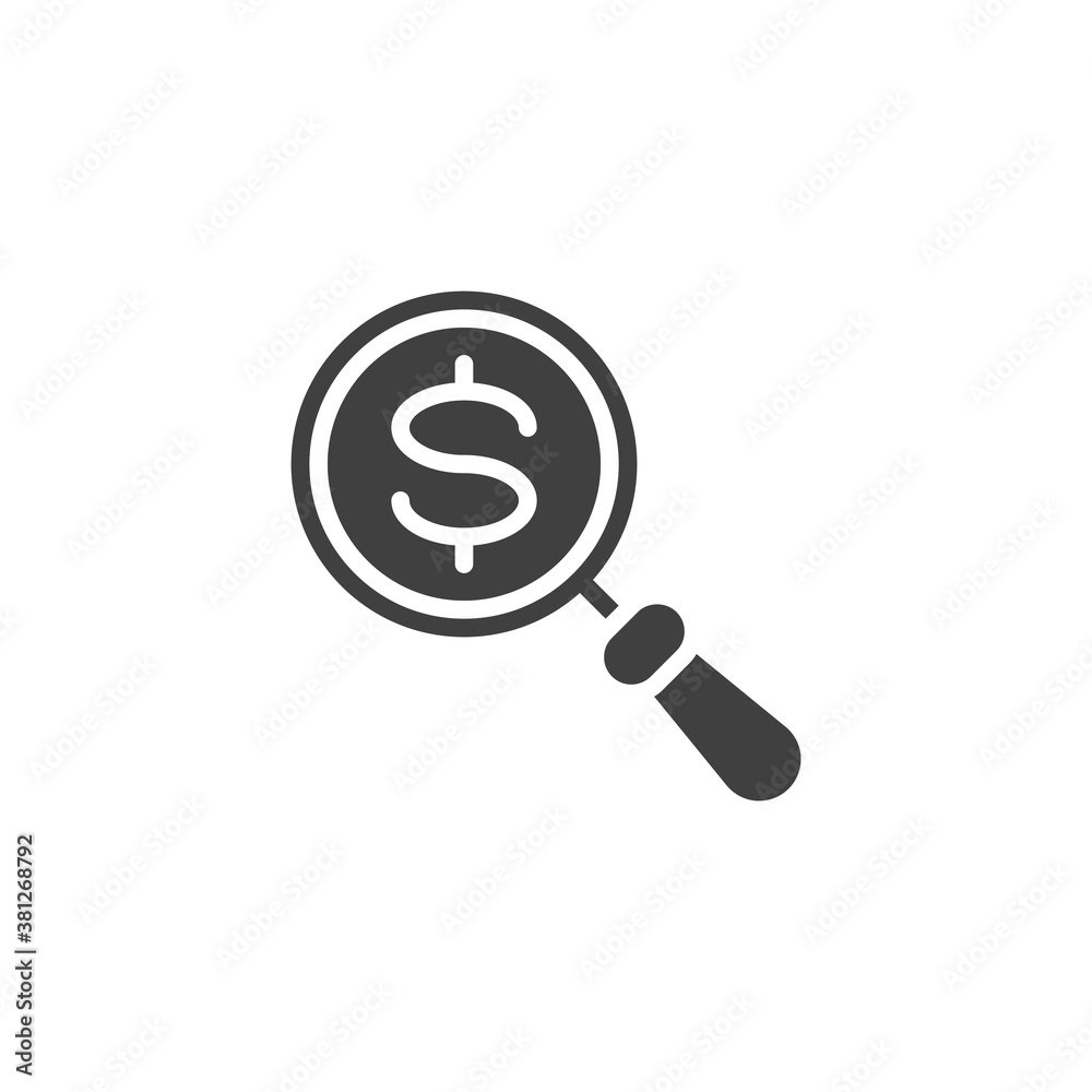 Money search vector icon. filled flat sign for mobile concept and web design. Magnifier with dollar glyph icon. Symbol, logo illustration. Vector graphics Money search vector icon. filled flat sign for mobile concept and web design. Magnifier with dollar glyph icon. Symbol, logo illustration. Vector graphics