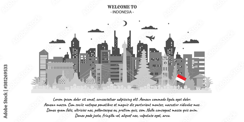 Indonesia Travel Ticket Postcard, poster, tour advertising of world famous landmarks of Indonesia. Vector illustration.