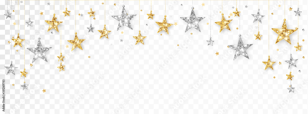 Holiday decoration, glitter border with stars. Festive vector background isolated on white. Gold and silver garland, frame. For Christmas and New Year banners, headers, birthday cards. Holiday decoration, glitter border with stars. Festive vector background isolated on white. Gold and silver garland, frame. For Christmas and New Year banners, headers, birthday cards.