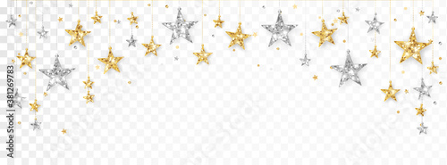 Holiday decoration, glitter border with stars. Festive vector background isolated on white. Gold and silver garland, frame. For Christmas and New Year banners, headers, birthday cards.