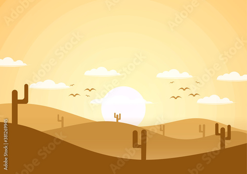 landscape flat design illustration of sunrise in desert. perfect for background