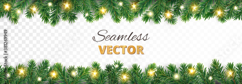 Seamless holiday decoration. Christmas tree border with lights garland. Festive frame isolated on white. Celebration vector background. For winter season banners, New Year headers, party posters.