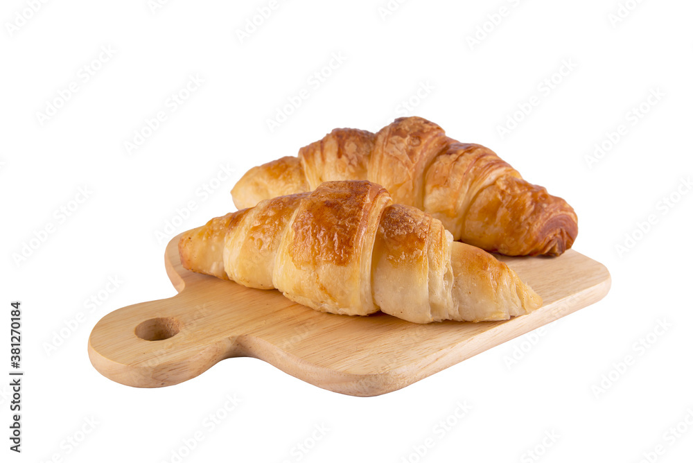 Croissant recipe on wooden plate isolated over white background