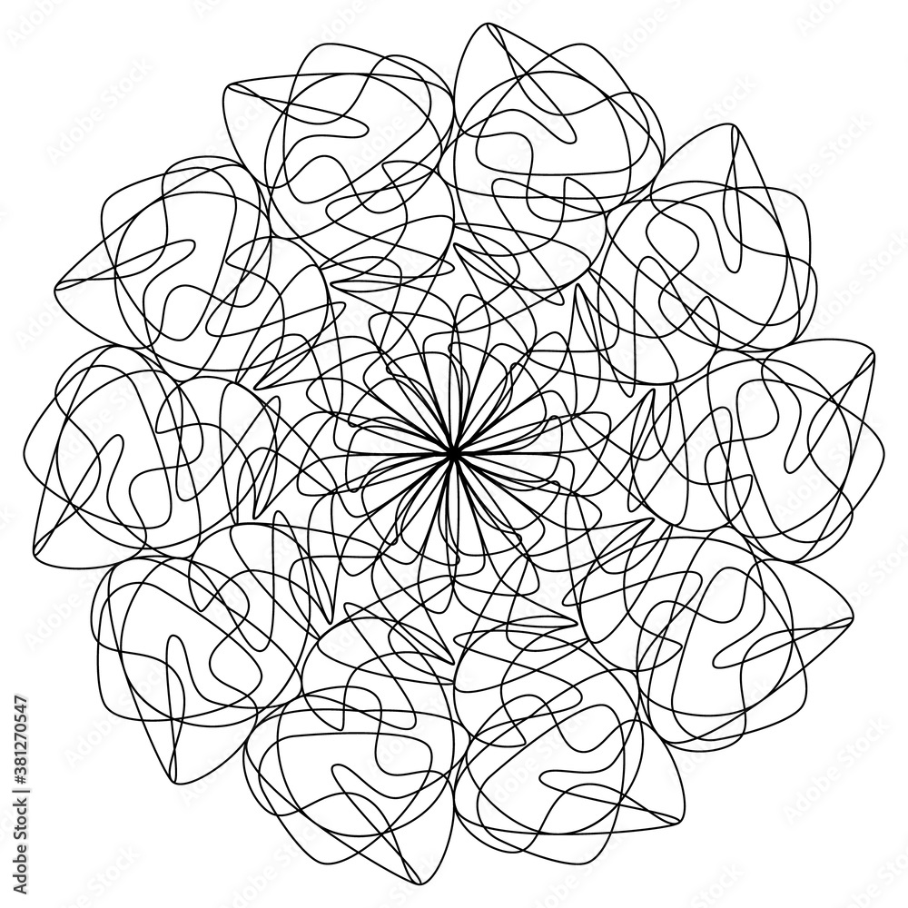 Easy abstract mandala with curves, basic and simple mandalas coloring book for adults, seniors, and beginners. Digital drawing. Floral. Flower. Oriental. Book Page. Vector.