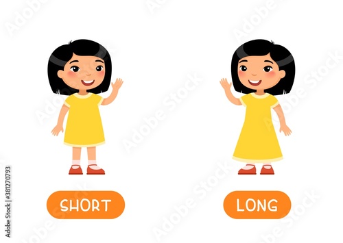 Asian girl in SHORT and LONG dresses illustration with typography. Opposites concept. Word card for english language learning with flat characters. Flashcard vector template.