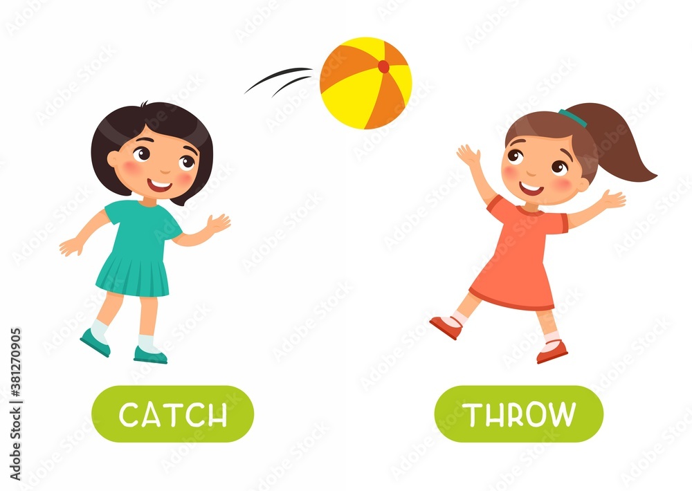 Antonyms concept, THROW and CATCH. Educational flash card with kids playing  ball template. Cute little girls have fun. Word card for english language  learning with opposites. Flat vector illustration Stock Vector