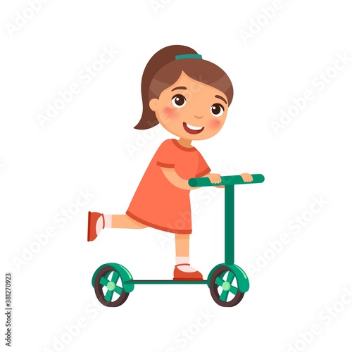 Little happy girl rides a scooter. The child rides with a kick. Cartoon character isolated on white background. Flat vector color illustration.