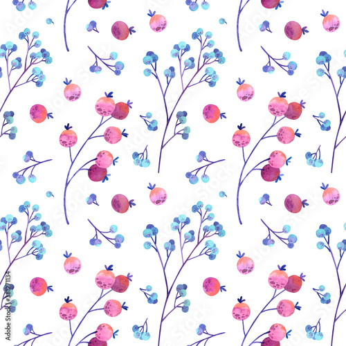 Seamless pattern with blue and pink stylized berries.   Wallpaper, wrapping paper design, textile, scrapbooking, digital paper. Watercolor hand drawn illustrations on white background. © Nizova Tina