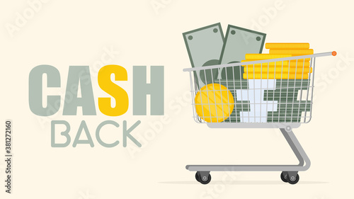Cashback banner. A cart and a mountain of money. Basket with gold coins and bundles of money. Vector.