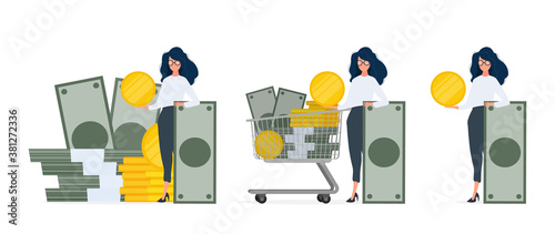 Set for posters and presentations. Woman and a mountain of money. The girl stands near gold coins and large dollar bills. A bundle of money. The concept of a successful business, earnings and wealth. 