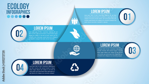 Infographic eco water blue design elements process 4 steps or options parts with drop of water. Ecology organic nature vector business template for presentation.