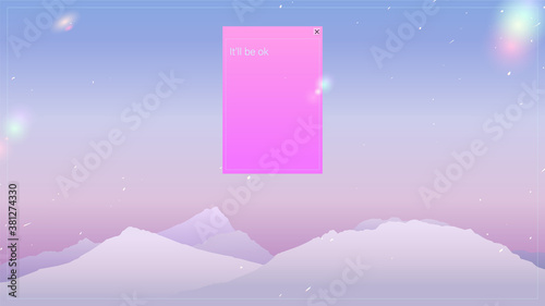 Aesthetic mountain landscape illustration background, cool violet purple gradient with light flare effect scatter on sky