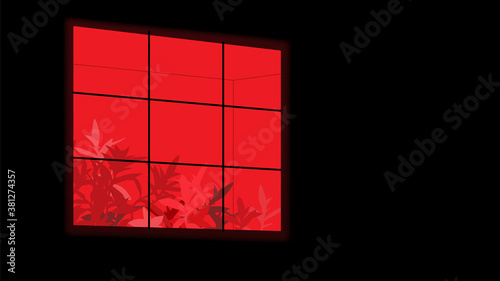 Aesthetic neon red window and tropical plants, nostalgic 80s night vibe minimal illutstration