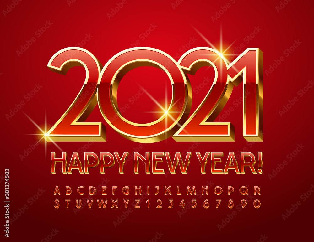 Vector elite card Merry Christmas 2021! Red and Gold 3D Font. Premium style Alphabet Letters and Numbers set