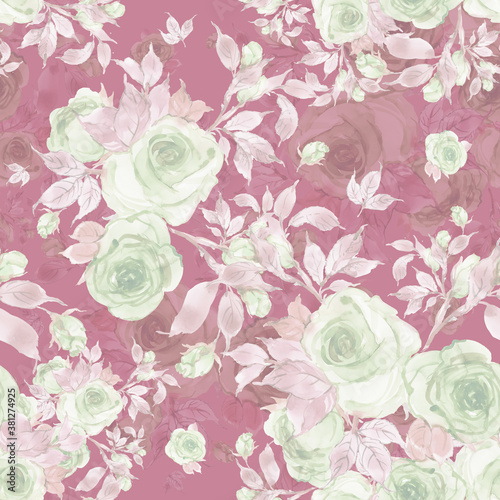 Seamless pattern watercolor soft lilac roses