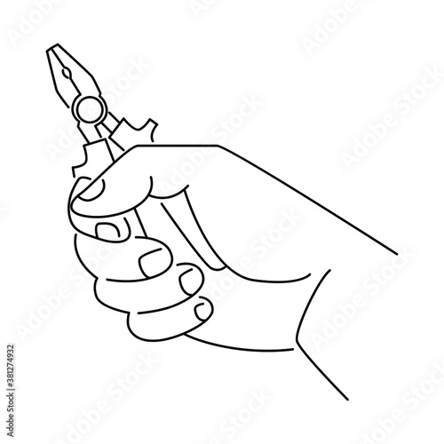 Hand holding a pliers. Vector line art illustration
